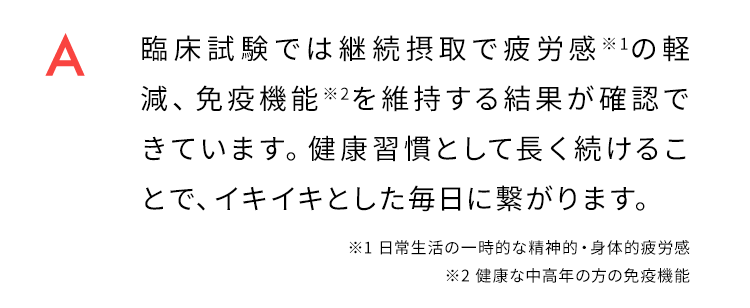 臨床試験では継続摂取で疲労感※1の軽減、免疫機能※2を維持する結果が確認できています。